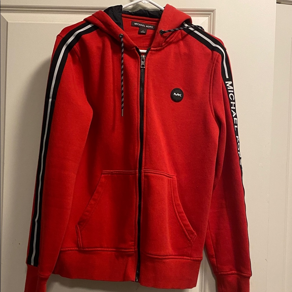 Michael Kors Red Hoodie with Black and White Stripes